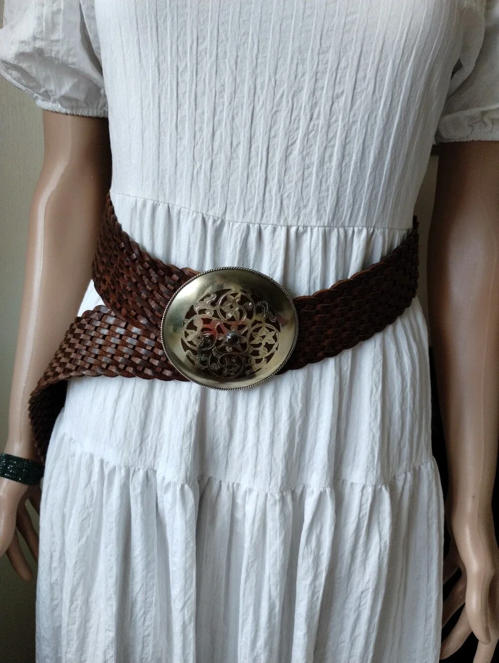 Woven Brown Leather Belt with Silver Tone Buckle S/M